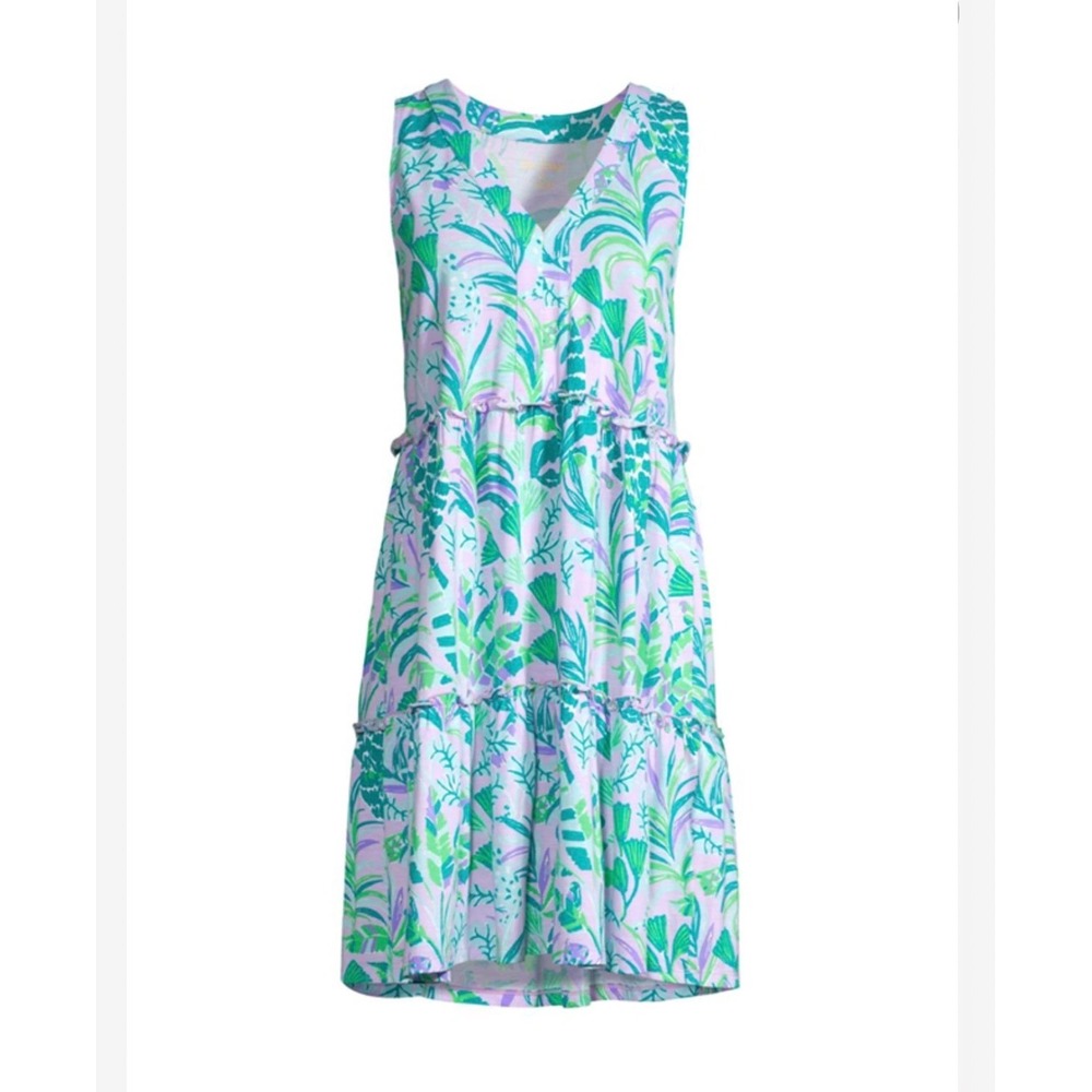A29 Lilly Pulitzer XXS Tropical Palm Tiered V-Neck Knit Dress Purple Green Pink‎
